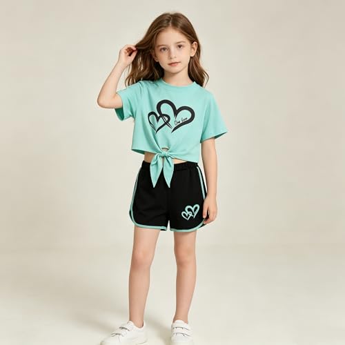 Image of Girls 6 Pieces Summer Outfits Casual Short Sleeve Tee Tops and Dolphin Shorts Set 4-12Y