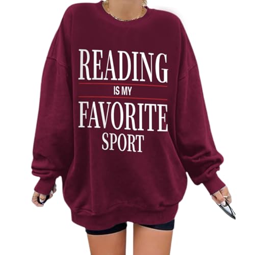 Weripoah Reading Is My Favorite Sport Sweatshirt Bookish Gifts for Women Book Lovers Sweatshirts Teacher Graphic Pullover(Winered L)