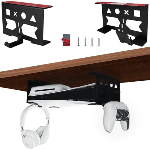 Image of Aluminum Underdesk Mount for PS5 /PS5 Slim /PS5 Pro Digital & Disc, Under Desk Mount with Detachable Controller and Headphone Holder Set, No Drilling (Black)