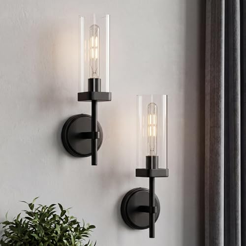 Image of Modern Wall Sconces Set of 2, Matte Black Bathroom Vanity Sconces with Square Clear Glass Shade, Wall Mount Lights for Mirror Bedroom Hallway, Upward Lighting Only, E26 Base, VL262-MB-2PK