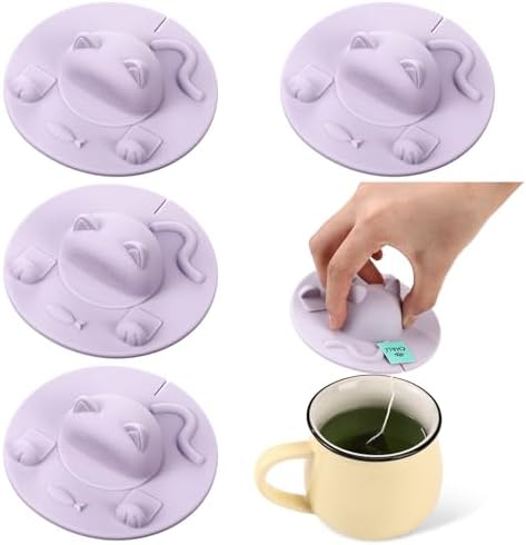 4 Pcs Tea Bag Squeezer 4 Inch Silicone Tea Bag Holder & Squeezer Dishwasher Safe Purple Cute Cat-shaped Cup Silicone Lids Warm Cover Supplies