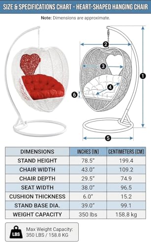 Image of Hindoro Rattan Wicker Wrought Iron Single Seater Swing Chair with Stand & Cushion & Hook Outdoor || Indoor || Balcony || Garden || Patio || Living Outdoor Furniture (White with Red, Unique Shape)