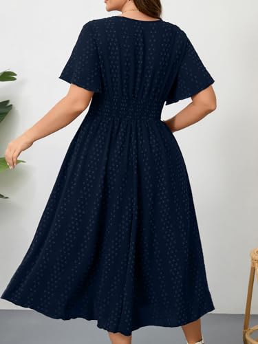 Image of RWJ Women's Plus Size Maxi Dress V Neck Short Sleeve Swiss Dot A Line High Waist Boho Swing Casual Summer Dresses