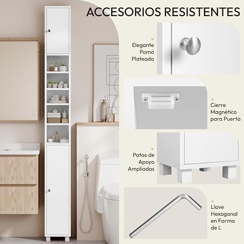 Miniatura 5 de Yaheetech Mueble Columna De Baño Estrecho, Estanterías Con 2 Puertas, Estantes Ajustables Espacio Abierto, Mueble Auxiliar De Almacenaje Para Salón Dormitorio, 20x20x180cm, Blanco