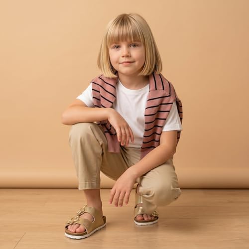Image of CUSHIONAIRE Lily Girl Toddler Sandals with Adjustable Gold Tone Star Buckles and Cushioned Cork Footbed Slip On Girls Slides for Kids