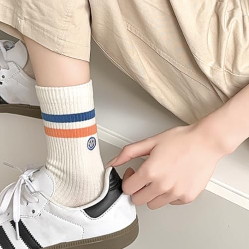 Image of Womens Solid Color Two Stripe Crew Socks Casual Athletic Smiling Face Ankle Socks for women Girls