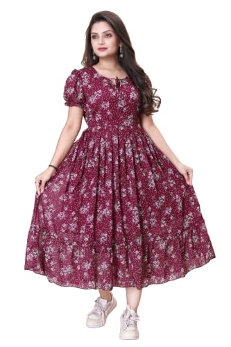 Image of Women's Printed Georgette Regular Fit Round Neck Short Sleeve Fancy Flare Long Dress