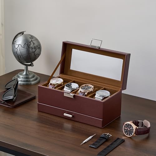 ProCase Caja para 4 Relojes, Estuche de Reloj de Doble Nivel con Tapa de Cristal, Organizador para Relojes, Anillos y Pulseras, Regalo Ideal para Navidad, Cuero Sintético -Marrón - imagen 7