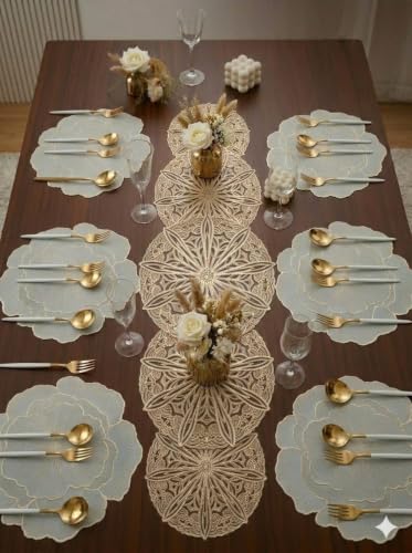 Image of Dakshya Industries Dining Table Mats Set of 7 | 6 Round PVC Placemats with Decorative Leaf Runner | Heat Rasistant