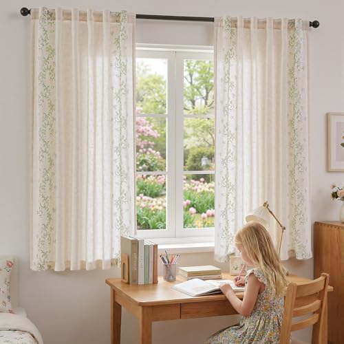 Image of jinchan Floral Linen Curtains, Back Tab 50x63 Inch, 2 Panels Sage