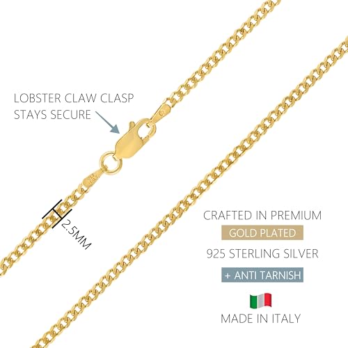 KISPER Italian 18K Gold Over 925 Sterling Silver Diamond Cut 1.75MM, 2.5mm Curb Cuban Link Chain Necklace - for Men & Women with Lobster Clasp - Made in Italy3
