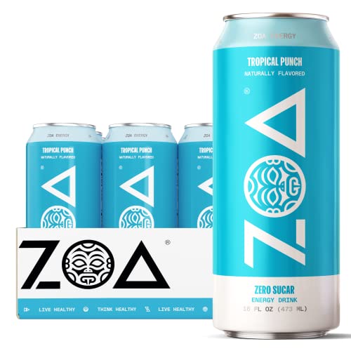 ZOA Zero Sugar Energy Drinks - Healthy Energy Formula with Vitamins, Electrolytes, Antioxidants, 210mg of Natural Caffeine - Tropical Punch, 16 Ounce (Pack of 12)