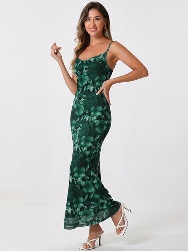 Image of Allegra K Women Wedding Guest Mesh Floral Spaghetti Strap Dress | Maxi. Sleeveless design with fishtail hem. Suitable for club, party, cocktail, homecoming.