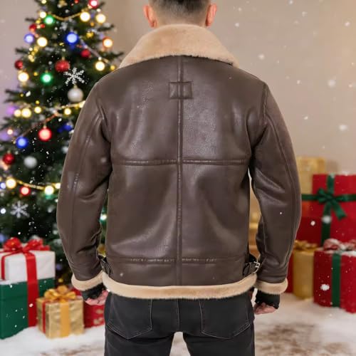 Mifidy Men Brown Leather Jacket Motorcycle Bomber Shearing Winter Coat Cosplay Costume for Christmas XS-3XL