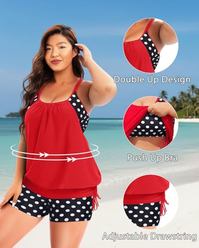 Image of Holipick Plus Size Tankini Swimsuits for Women Two Piece Tummy Control Bathing Suit Blouson Tankini Top with Shorts