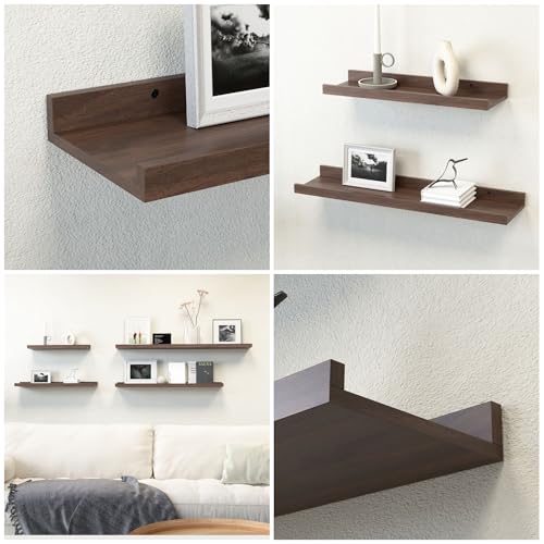 Boswillon Floating Shelves Set of 2, Farmhouse Wall Shelves with Lip, Display Picture Ledge Shelf for Bedroom, Living Room, Bathroom, Kitchen - Walnut