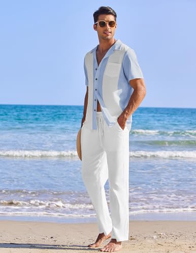 Image of COOFANDY Men 2 Piece Linen Outfit Beach Button Down Shirt Casual Loose Pant Sets