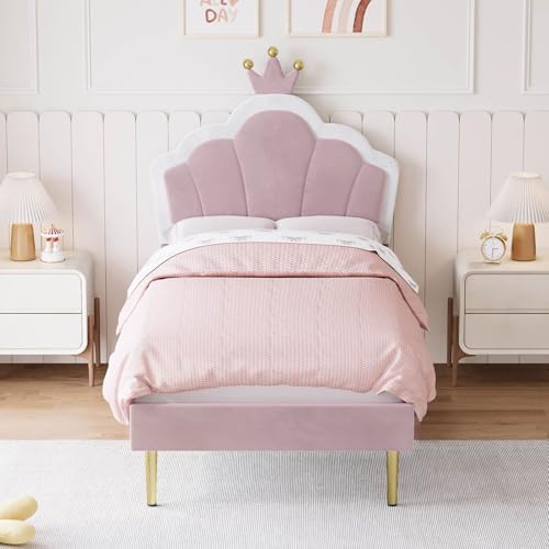 Aptliton Single Bed Frame Soft Velvet Upholstered Bed 3ft Shell Shape Bed with Removable Crown Adjustable Headboard Golden Iron Legs Wooden Slatted Frame 90 * 190cm Light Pink