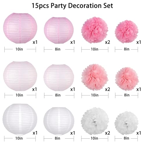 Image of KAXIXI Hanging Party pom pom Set, 15pcs Pink White Paper Flowers Pom Poms Balls and Paper Lanterns for Wedding Birthday Bridal Baby Shower Graduation, LanternPomPom012