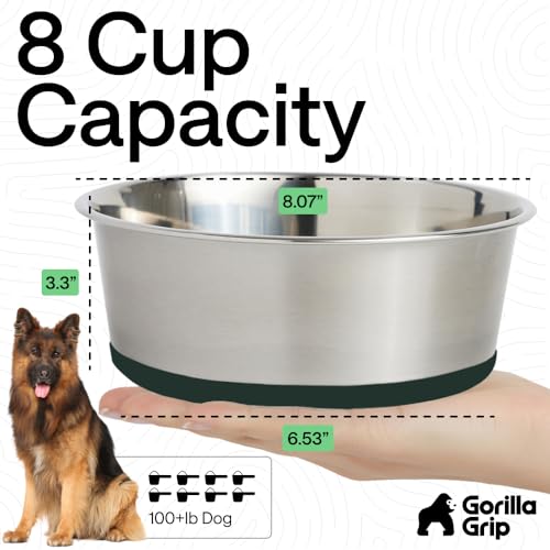 Image of GORILLA GRIP Dog Bowls, Food Grade 304 Stainless Steel, Holds 8 Cups Each (64 fl oz) Food and Water Bowl for Feeding Dogs and Cats, Dishwasher Safe, Rust Resistant, BPA Free Rubber Base Set of 2 Green