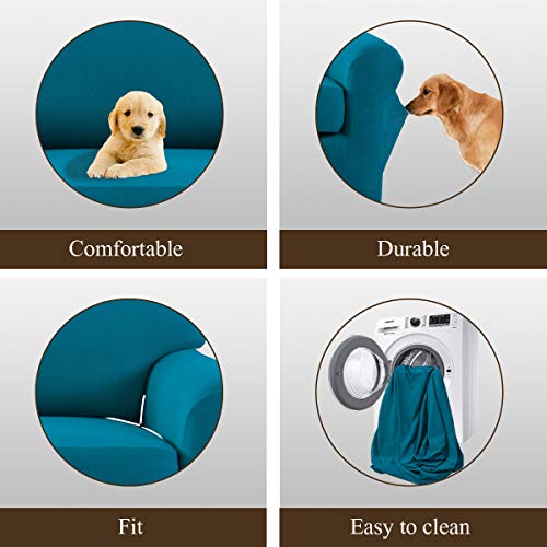 Image of Easy-Going 2 Pieces Stretch Loveseat Couch Sofa Slipcover Washable | Spandex Soft Fitted Sofa Couch Cover for Sofa Furniture Protector with Bottom Kids,Pet Dog Peacock Blue