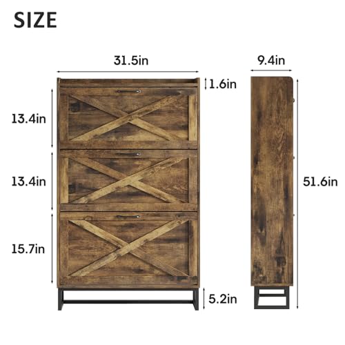 Image of Maupvit Shoe Storage Cabinet with 3 Flip Drawers, Freestanding Organizer with Metal Legs for Entryway, Narrow Shoe Rack Cabinet, Rustic Brown