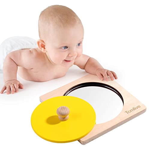 Image of Baby Tummy Time Mirror, Montessori Toys for Babies 0-6-12 Months, Wooden Peekaboo Knob Puzzle, Sensory Development Toys for Infant Toddler, Best Baby Boys Girls Gift Idea (Yellow)