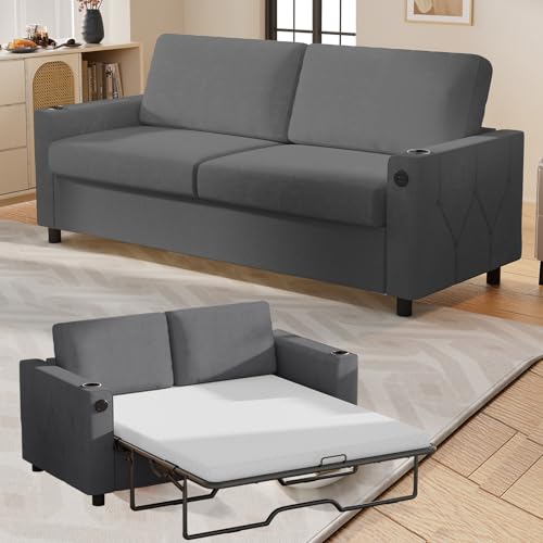BALUS Pull Out Sofa Bed, 2-in-1 Convertible Sleeper Sofa with Memory Foam Mattress, Full Size Sleeper Couch with Cup Holders and USB Ports for Apartment Small Space-Dark Grey