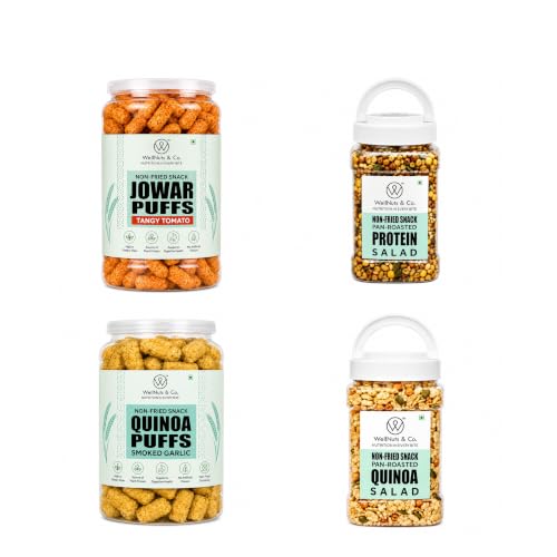 Image of WellNuts & Co. Healthy Snack Combo Pack of 4 |Jowar Puffs Tangy Tomato - 200g, Protein Salad - 425g, Quinoa Puffs Smoked Garlic - 200g, Quinoa Salad - 325g| Roasted & Ready to Eat Snacks | High Protein & High Fiber Combo | Snacks for Healthy Everyday