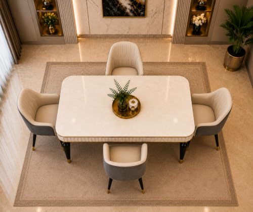 Image of 4 Seater Dining Table Set with Nano Composite Marble Top, Solid Wood Base & 4 Upholstered Chairs, Modern Dining Table Set for Home & Dining Room Furniture (Gray Cream, White Marble Top, 4 Seater)