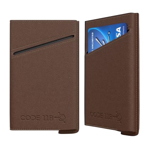 CODE 118 Leather Carrying Case | Slim Minimalist Pop Up Wallet Case for Men | Compact Card & Cash Holder Compatible with Accessories | Premium Leather Sleeve for Front Pocket Wallet (Deep Mohagney)