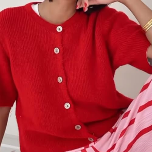 Image of Womens Button Up Short Sleeve Cardigans Sweater Cropped Lightweight Round Neck Elegant Knit Tops with Pockets