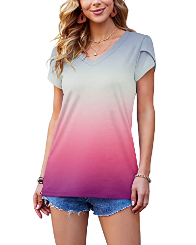 PLOKNRD T-Shirt D'été Femme Col V Manches Courtes Pétales Top Gris Rose XXL – vue 2