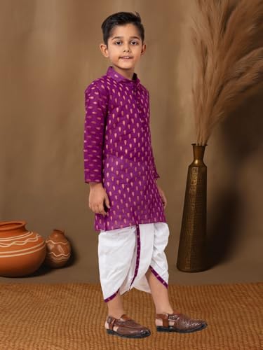 Image of Boys Dhoti Kurta Set for Kids - Cotton Kurta and Elastic Waist Dhoti - Traditional Dress