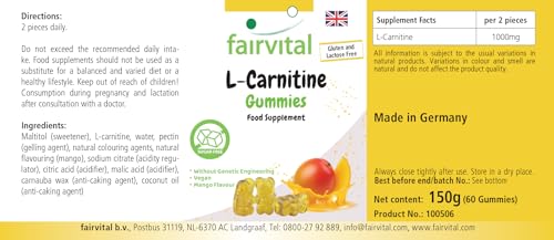 Fairvital | L-carnitine gummies - 60 stuks - 1000mg per dagelijkse dosis - mangosmaak - hooggedoseerd - 100% veganistisch + suikervrij - kwaliteitstest en hooggedoseerd - gemaakt in Duitsland - Afbeelding 4