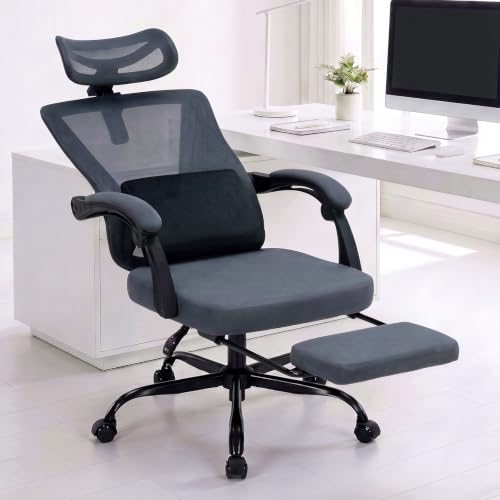 Image of Ergonomic Office Desk Chair with Foot Rest - Adjustable Lumbar Support & Headrest, 90-160 Reclining Mesh Back Computer Chair - Home Office /Gaming for Adults