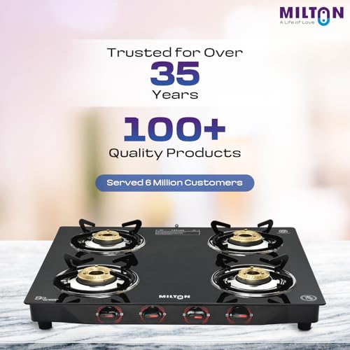Image of MILTON Premium 4 Burner Black Manual Ignition Glass Top Gas Stove, (ISI Certified)