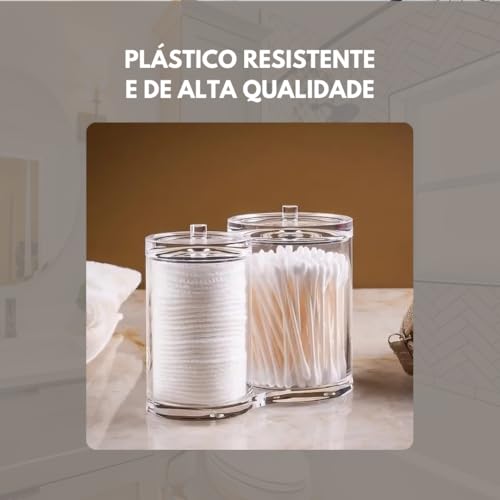 Porta Cotonetes e Algodão 11,5x15,5cm com Tampa Organizador em Plástico Transparente Durável Ideal p