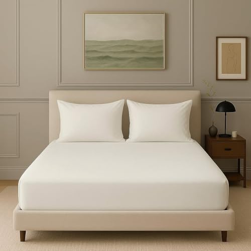 Image of Trance Home Linen 300 TC Bamboo Fitted Queen Size Bedsheet | Soft, Breathable & Eco-Friendly Bedsheet with 2 Pillow Cover - (78 x 60 inch, Off White)