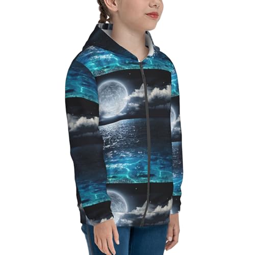Moon Illuminating The Ocean Kids Pullover Hoodies Boys Zip Up Sweatshirts Girls Athletic Clothes with Pocket4