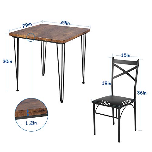 VECELO Dining Set Industrial Style 3 Pieces Kitchen Wood Table 2 Chairs with Metal Legs，Retro Brown and Black