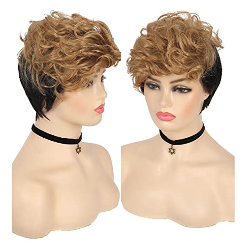 Baruisi Short Curly Pixie Cut Wigs for Women Blonde to Black Synthetic Natural Looking Cosplay Hair Wig