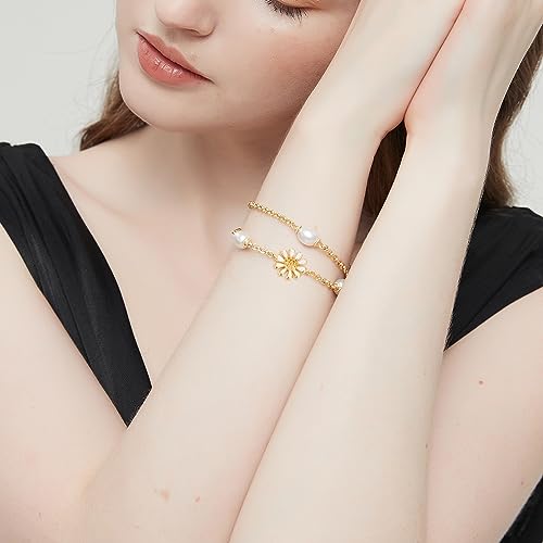 Image of Gold Pearl Bracelet for Women, REAL 14K Gold Plated Double Layered Dainty Pearls Bracelet, Elegant Stackable Flower Jewelry Gift for Her with OT Clasp