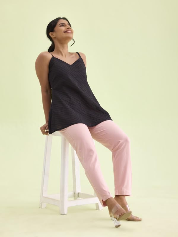 Image of GO COLORS Women Solid Baby Pink Mid Rise Regular Fit Cotton Kurti Pants