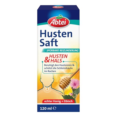 Abtei Husten Saft - mit Eibisch und Honig - spürbar reizlindernd bei gereizten Schleimhäuten und Reizhusten - für Tag und Nacht - ohne Alkohol, laktosefrei, glutenfrei - 1 x 120 ml