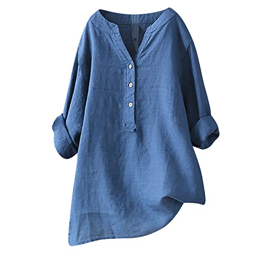 Camiseta Mujer Lino Algodón Manga Larga Camisa Ligero Primavera Verano Moda Casual Cuello en V Botones Color sólido Suelto Cómodo Tops T-Shirt Basic tee Talla Grande Transpirable Blusa 2025