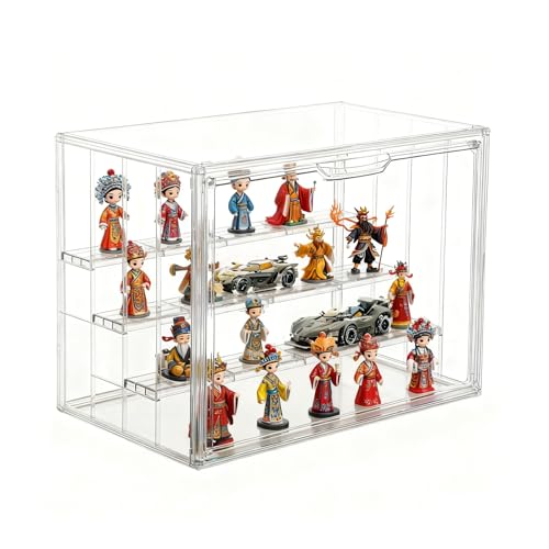 QISHENG 透明アクリルフィギュアケース 防塵堅固 磁気ドア 4 段階ディスプレイ 組み立て式 取り外し可能な仕切り板 3 枚付き 積み重ね可能 卓上コレクション用 バッジ / フィギュア収納 サイズ 36×22×27cm (とうめい)