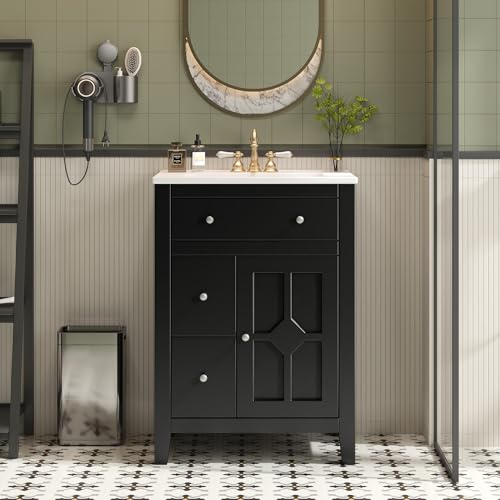Virubi 24 Inch Black Bathroom Vanity with Ceramic Basin Combo