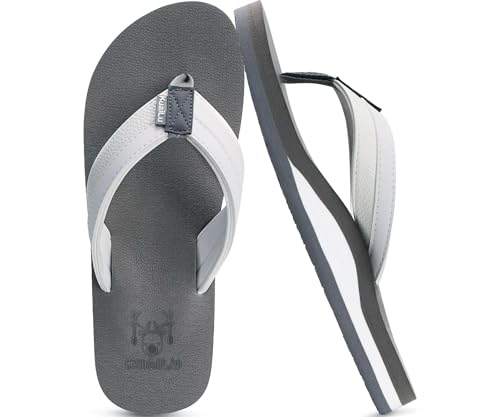 KuaiLu Men's Leather Flip Flops Arch Support Summer Beach Pool Water Thong Sandals Waterproof Rubber Walking Shoes Slip on Orthotic Casual Sport Cushioned Wide Slides Shower Slippers Grey Size 9
