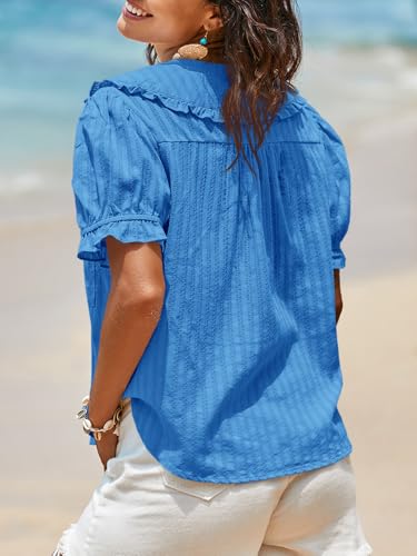 Image of Tankaneo Womens Puff Sleeve Shirts Peter Pan Collar Button Down Cotton Blouse Casual Summer Textured Tops